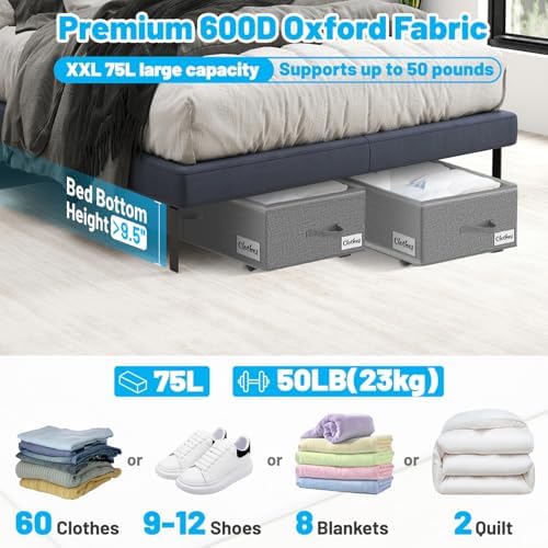Under Bed Storage with Wheels, 3-Pack 10" Height XXL 75L Rolling Storage...