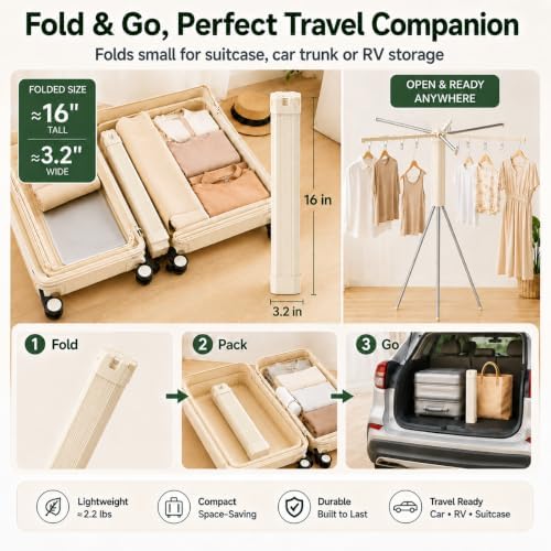 Foldable Tripod Clothes Drying Rack, 6-Pole Stand with 12 Clips