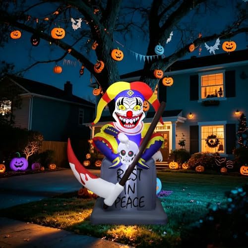 Lulu Home 6FT Halloween Inflatable Tombstone with Clown, White LED Lighted