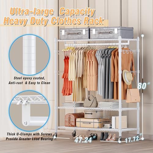 Homdox 3 Tier Garment Rack with Wheels, Portable Closets for Hanging Clothes ...