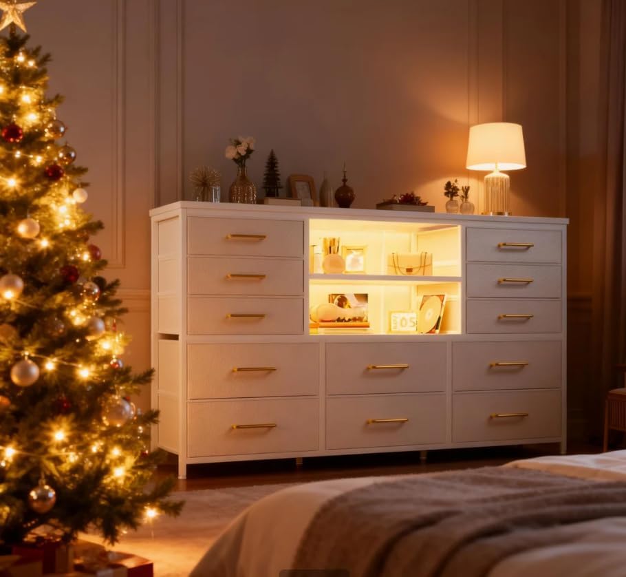 EnHomee Dresser for Bedroom with LED Lights & Charging Station