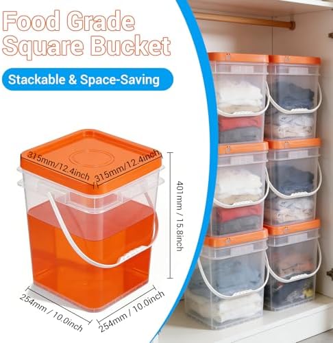 4 Pack 6.6 Gallon Square Plastic Bucket with Orange Lids, Heavy Duty Storage ...