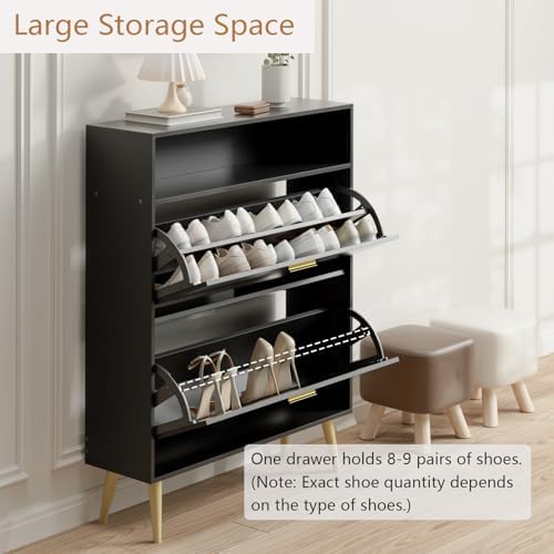 LYNSOM Modern Entryway Shoe Cabinet with 2 Flip Drawers and Open Storage, Bla...