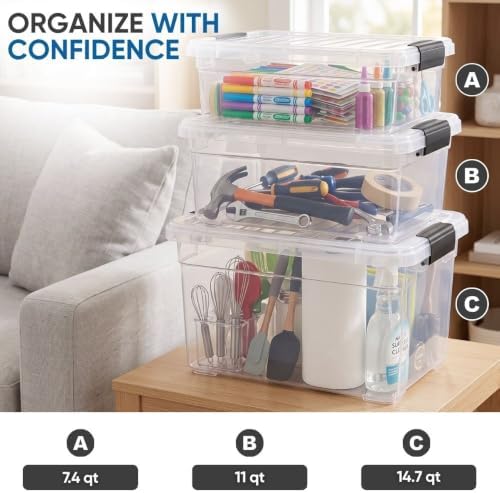 Superio 7.4 Quart Clear Plastic Storage Bin with Lid, Stackable Organizer Box...