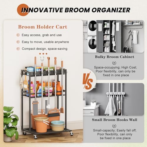 Broom Holder with Cleaning Supplies Organizer, Broom Closet Storage Cabinet w...