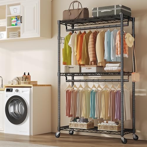 NEWBULIG Heavy Duty Clothing Rack with Wheels, 3-Tier Adjustable Wire Garment...