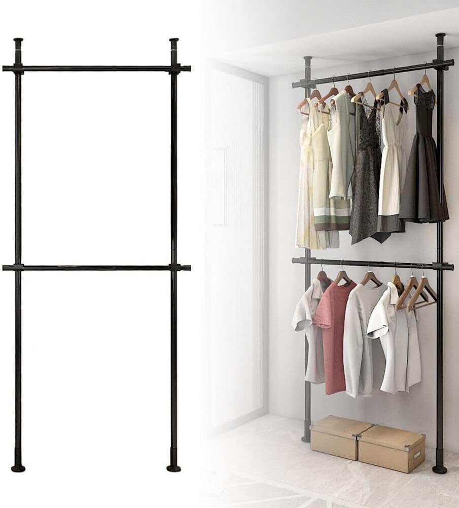 Xuthusman 2 Tier Clothes Storage Hanger Organizer Ceiling Top & Floor Met...