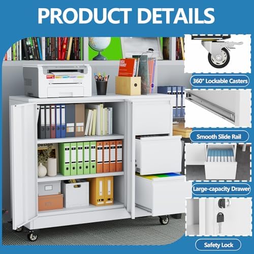 3 Drawer Lockable Lateral Mobile Steel File Cabinet with Wheels, White