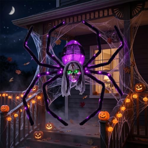 52" Halloween Giant Skull Face Spider, Lighted Outdoor Decoration with F...