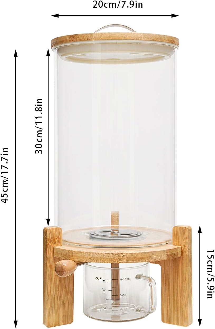 Glass Rice Dispenser,7.5L Countertop Flour Cereal Container w/ Bamboo Stand