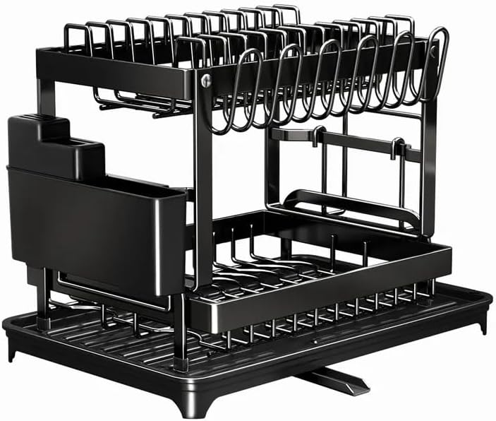 2 Tier Dish Drying Rack Stainless Steel with Auto Drainboard 360° Swivel Spou...
