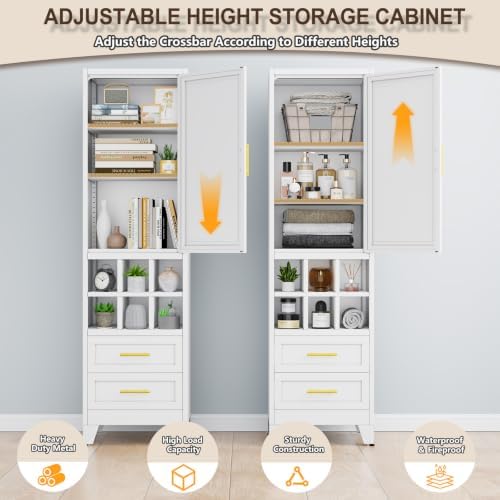67" Tall Metal Pantry Cabinet, Narrow Freestanding Storage Cabinet, White