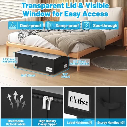 Under Bed Storage with Wheels, 2-Pack 10" Height XXL 75L Rolling Storage...