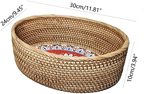 12 inch Oval Rattan Bread Basket, Deep Basket Tray with 4 Inch Wall and Paint...