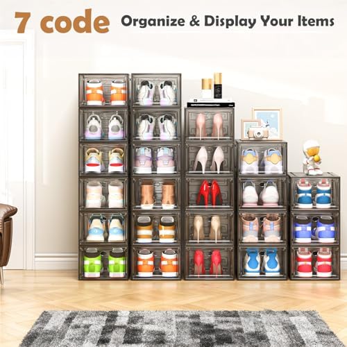 12 Pack Shoe Organizer, Stackable Shoe Storage Boxes with Magnetic Door