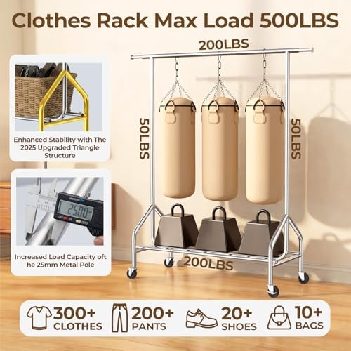 Heavy Duty Clothes Rack Load 500 LBS，Clothes Rack for Hanging Clothes，Rolling...
