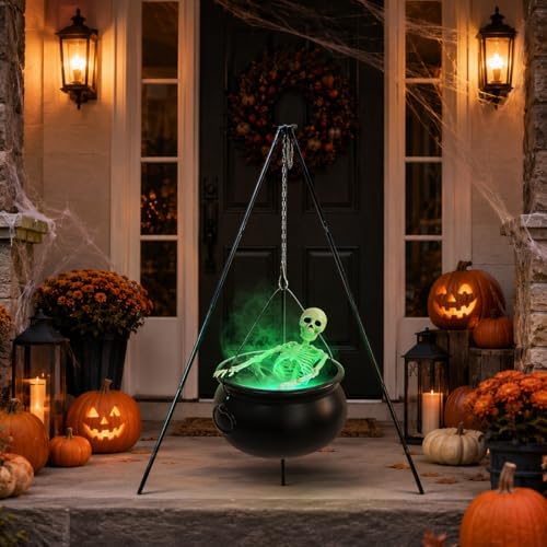 Halloween Decorations Outside - Large Witches Cauldron on Tripod with Skeleto...