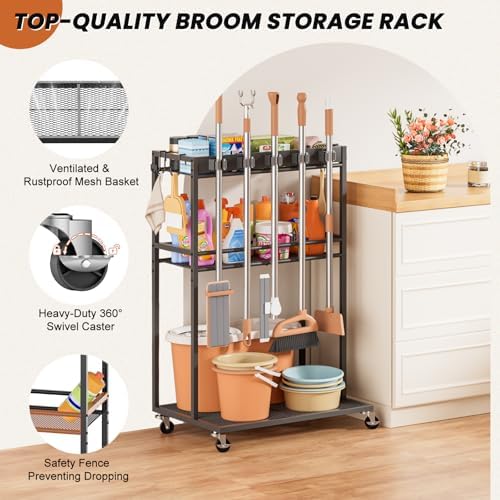 Broom Holder with Cleaning Supplies Organizer, Broom Closet Storage Cabinet w...