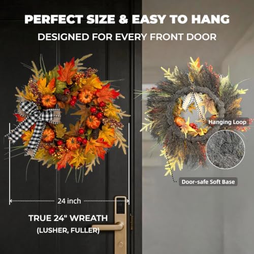 24" Fall Maple Leaf Wreath for Front Door with Buffalo Check Bow - Rusti...