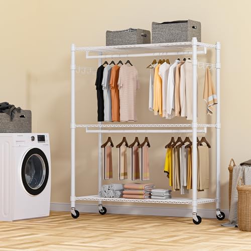Homdox 3 Tier Garment Rack with Wheels, Portable Closets for Hanging Clothes ...