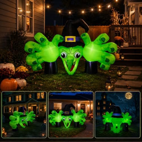 6FT Giant Halloween Inflatables Wicked Witch with Huge Grabbing Hands, LED Ha...
