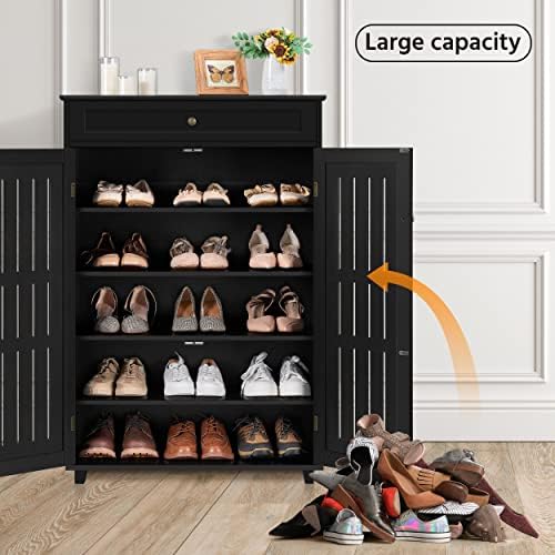 Topeakmart Shoe Rack Storage Cabinet with Louvered Door for Entryway Black