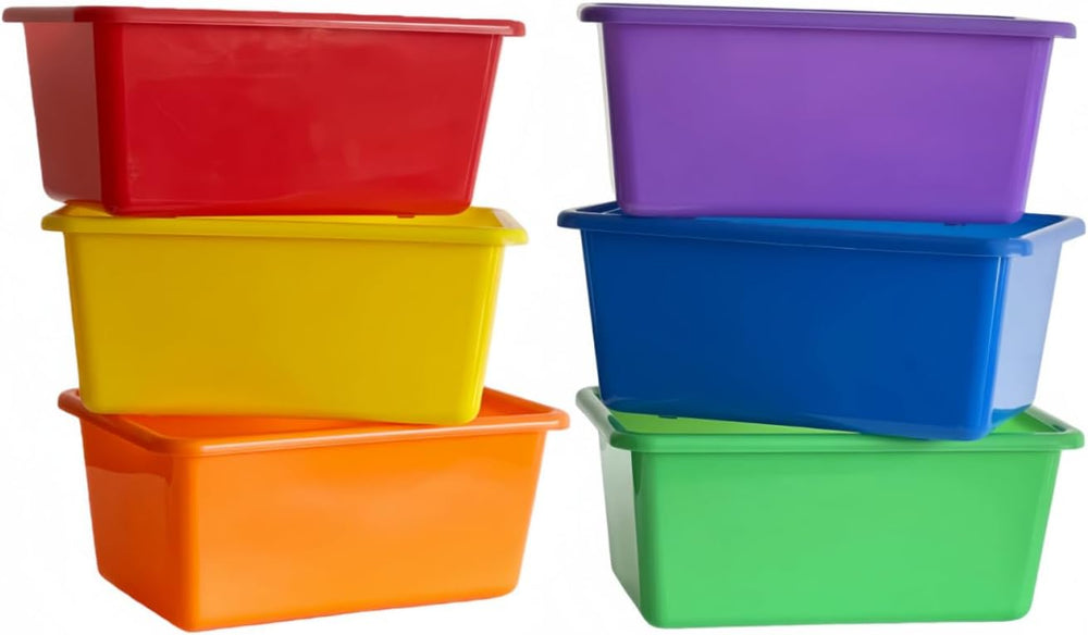 6 Pack Small Cubby Bins, Plastic Storage Containers for Classroom, Rainbow