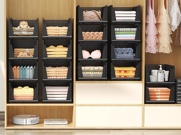 Folding Closet Organizer and Storage for Shelves, 5 Pack Stackable Plastic St...