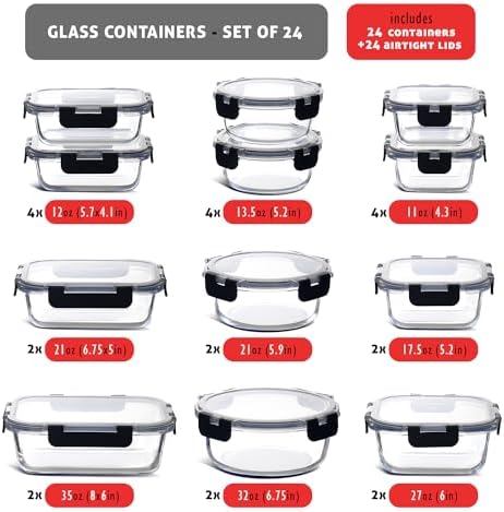 Nestl 48pc Glass Storage Containers with Lids, 24 Glass Food Storage Containe...