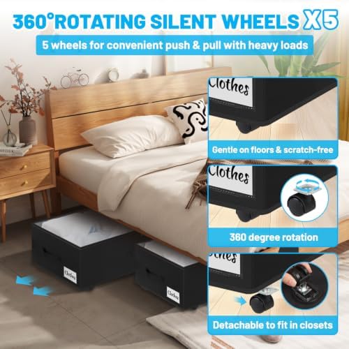 Under Bed Storage with Wheels, 2-Pack 10" Height XXL 75L Rolling Storage...