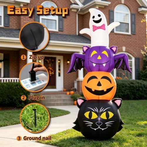 6 FT Halloween Inflatable Ghost Bat Pumpkin and Cat Stacking Yard Decor