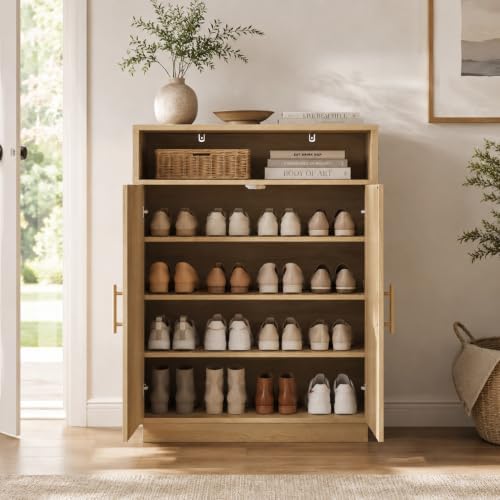 Shoe Cabinet with Arched Doors, 43" Hidden Shoe Storage, Oak