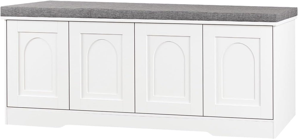 DINZI LVJ Shoe Storage Bench with Cushion, Door, White 47.2" LX17.7 H