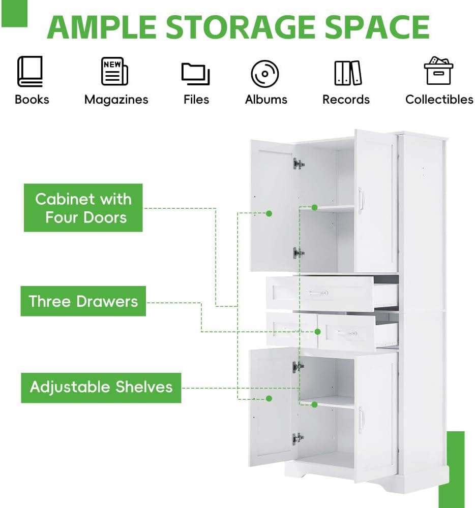 Wood Tall Storage Cabinet with Storage, 4 Doors & 3 Drawers, Bathroom Sto...
