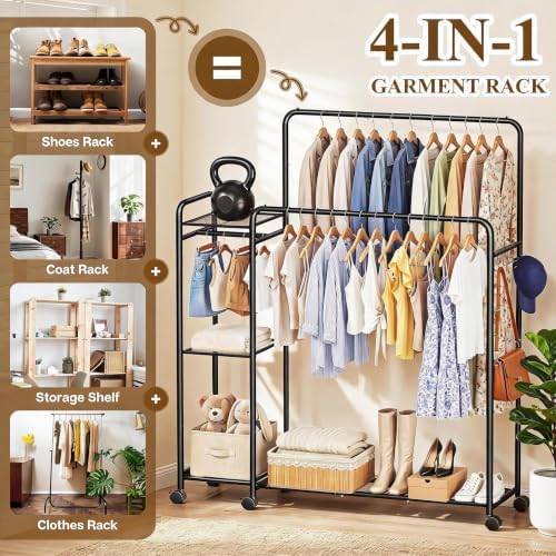 Heavy Duty Clothes Rack with Wheels, Double Rod Clothing Rack with Storage Sh...