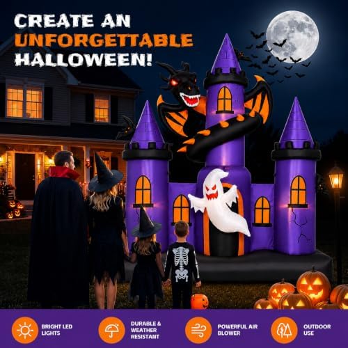 9 FT Giant Halloween Inflatable Haunted Castle with Dragon and Ghost