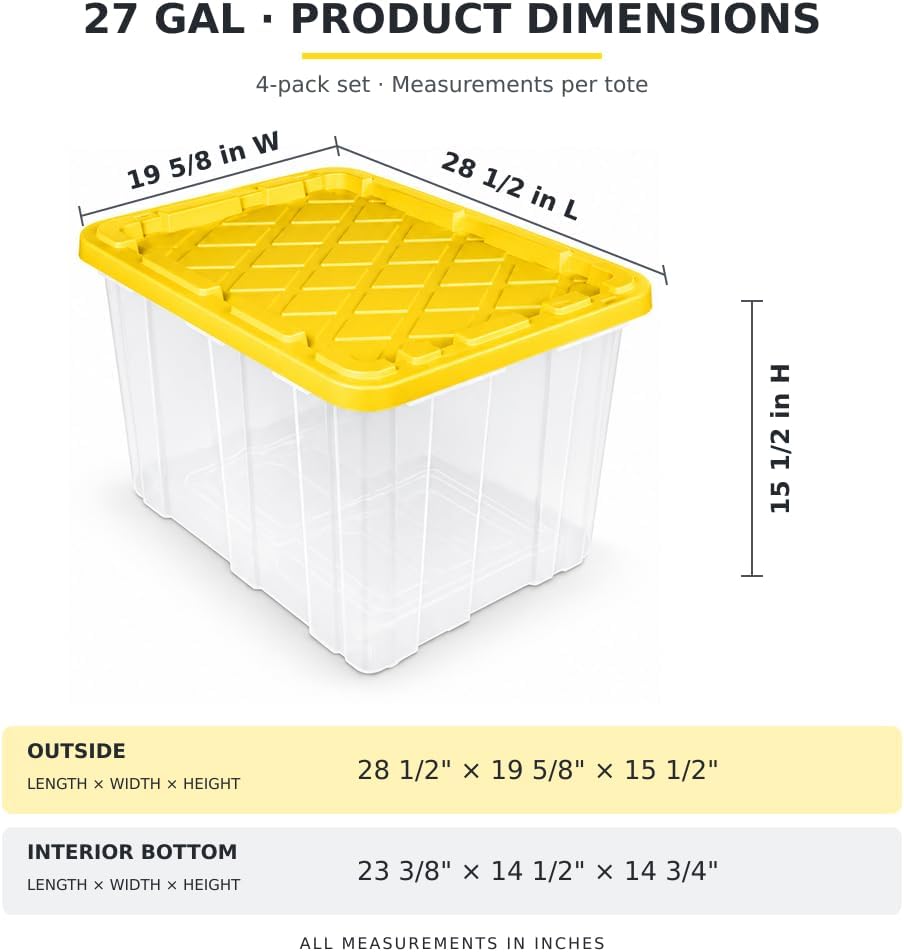 27 Gallon Clear Plastic Industrial Storage Tote, Snap Lid, Yellow, 4 Pack