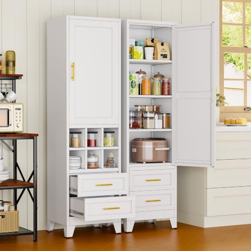 67" Tall Metal Pantry Cabinet, Narrow Freestanding Storage Cabinet, White