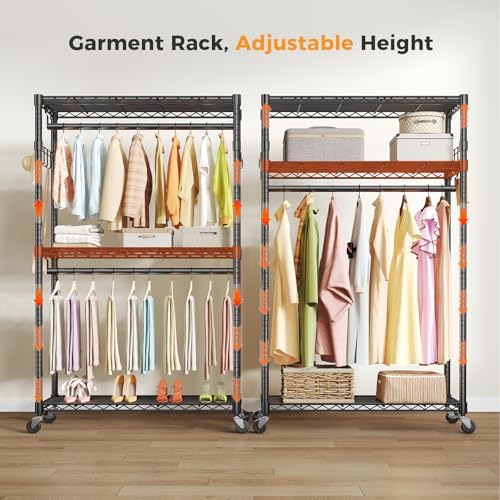 NEWBULIG Heavy Duty Clothing Rack with Wheels, 3-Tier Adjustable Wire Garment...