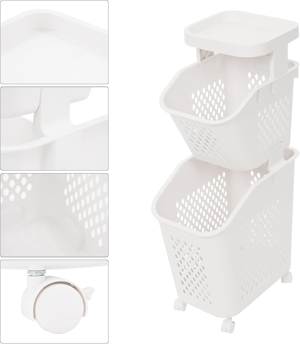 2 Tiers Rolling Laundry Hamper, White Plastic Laundry Basket Holder with Whee...