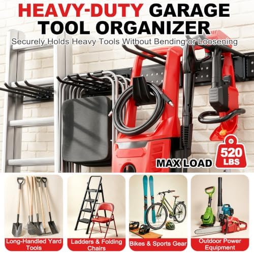 Garage Tool Organizer Wall Mount 66 inches with 13 Adjustable Heavy-Duty Hook...