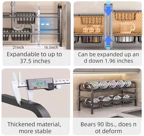Under Sink Organizer，2 Tier Expandable Heavy Duty Metal Shelf，with 5 Removabl...
