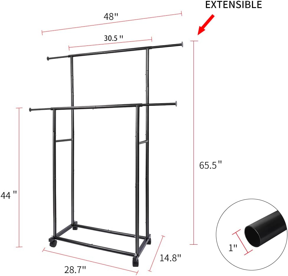 Black 48" W x 15" D x 65.5" H Double Rod Metal Rolling Clothes...