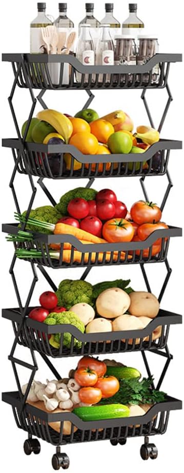 5-Tier Fruit Basket Cart with Wheels, Metal Wire Fruit Vegetable Storage Bask...