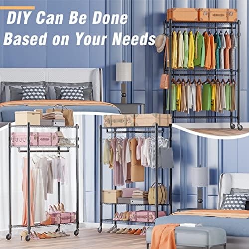 Homdox Double Rod Closet 3 Shelves Wire Shelving Clothing Rolling Rack Heavy ...