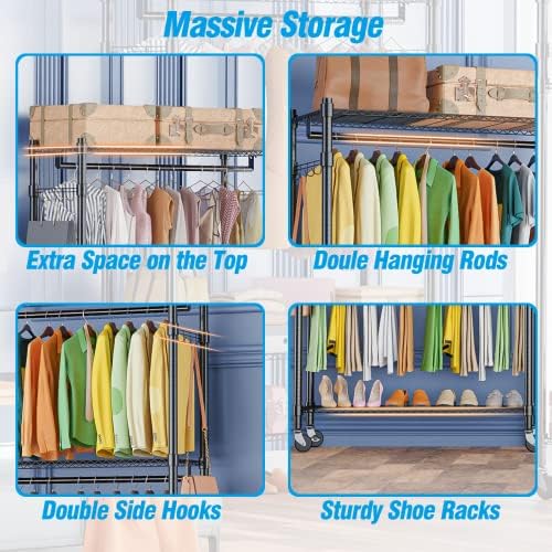 Homdox Rolling Garment Rack with Double Rod, Heavy Duty Clothing Rack with Sh...