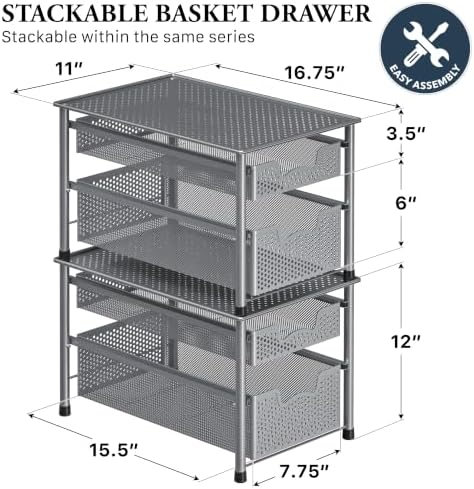 Simple Houseware Stackable 2 Tier Sliding Basket Organizer Drawer, Silver