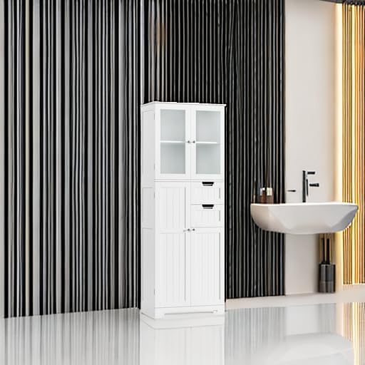 BOTLOG 67'' Tall Bathroom Storage Cabinet, Linen Cabinet with Glass D...