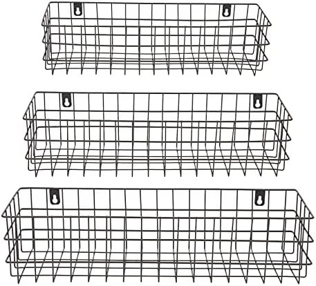Farmlyn Creek Wall Storage Basket Organizer - Black Metal 3-Piece Set (Small, Medium & Large) - Wire Baskets for Wall - Space-Saving Kitchen & Bathroom Storage