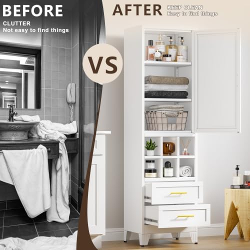67" Tall Metal Pantry Cabinet, Narrow Freestanding Storage Cabinet, White